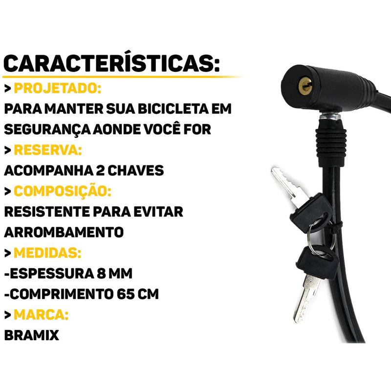 Trava De Segurança Anti Furto Cadeado Para Bicicleta Com Chave 8mm x 65cm Bramix