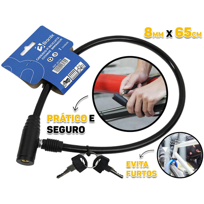 Trava De Segurança Anti Furto Cadeado Para Bicicleta Com Chave 8mm x 65cm Bramix